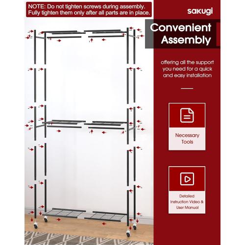 Sakugi Clothes Rack - 33.0 x 12.2 x 79.5 Clothing Rack with Shelves & Wheels, Multi-Functional Wardrobe Closet with Hooks, Sturdy Metal Garment Rack for Bedroom, Laundry, Balcony (Black)
