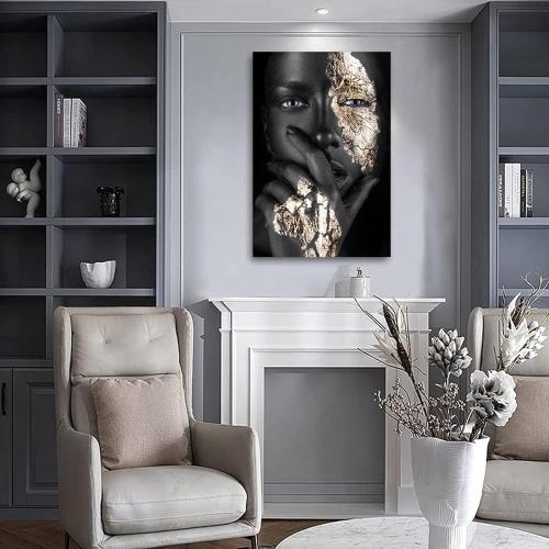 16”x24 Black Woman Wall Art African American Wall Art Canvas Framed Black and Gold Women Portrait Canvas Print Artwork Black Art Wall Decor African Decorations for Living Room 16”x24”