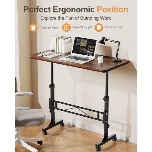 Size 32 Small Standing Desk Adjustable Height, Mobile Stand Up Desk with Wheels, 32 Inch Portable Rolling Desks for Walking Pad Treadmill Wood Rustic