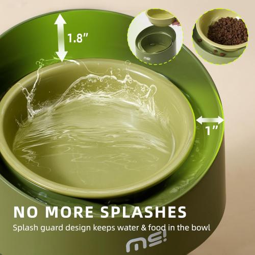 MS!MAKE SURE Cat Bowls, Adjustable Elevated Ceramic Cat Bowls with Anti-Slip Rubber Pad, Splash Guard, Lead & Cadmium Free, Whisker Friendly, for Puppies & Cats - 5.1 Wide, 295ML (10 oz), Green