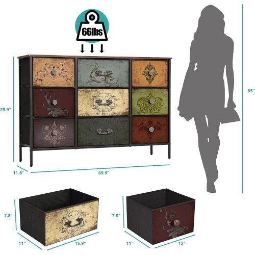 VASICAR Dresser for Bedroom with 9 Deep Fabric Drawers, Wide TV Stand Storage Cabinet, Colorful Chest of Drawers for Closet, Nursery, Entryway, Hallway