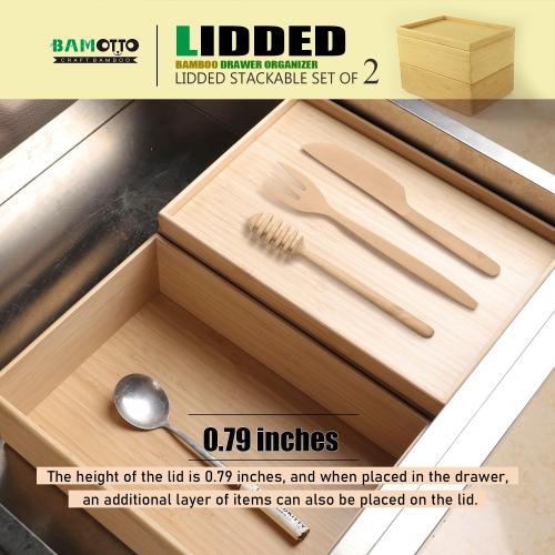 Stackable Bamboo Drawer Organizer Set – 2 Boxes with 1 Lid | Wood-Laminated Trays for Kitchen Utensils, Silverware & Flatware – Storage Fits Cabinets, Pantry, Bathroom & Office | 10.2x7.3 (2-Pack)