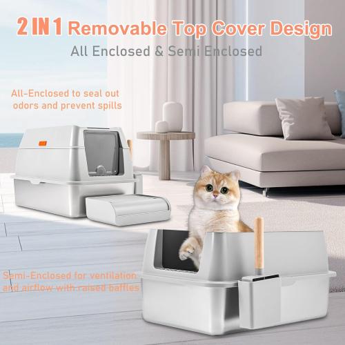 Stainless Steel Litter Box with Lid, Covered XL Extra Large Cat Litter Box Enclosure, Metal Kitty Litter Boxes with High Sided, Litter Scoop and Filter Pedal, Anti-Leakage, Non-Stick, Easy to Clean