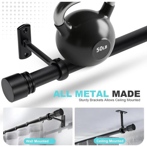 Black Extra Long Curtain Rods 240 Inches - Heavy Duty 1 Inch Adjustable Metal Drapery Rod for Large Windows, Sliding Doors, 5 Holders, Wall & Ceiling Mount, Easy Installation, Modern Design