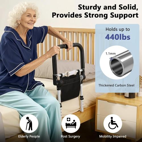 WHITE Bed Rails for Elderly Adults Safety with Foldable Non-Slip Handle, Adjustable Bed Assist Rails for Seniors, Handicap, Disable, Bed Assist Handle with Motion Light, Storage Pocket, White/Black