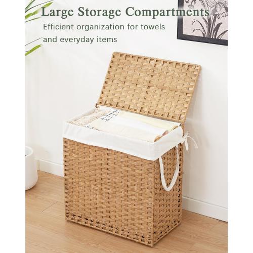 SETVSON Laundry Hamper with Lid Wicker Laundry Basket 112 L (29.6 Gal) Laundry Hampers Handwoven Rattan Clothes Hamper with Handles 3 Removable Liner Bag, 6 Mesh Bags for Bathroom Bedroom Natural