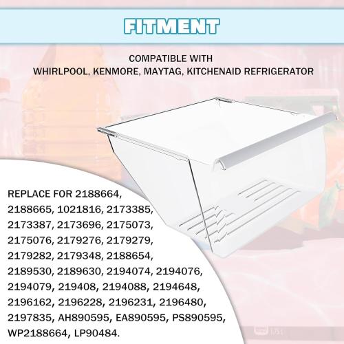 Kojem 2188664 Crisper Drawer Bin (Lower) Replacement for WP2188664 Compatible with Whirlpool, Kenmore, Maytag, Kitchenaid Refrigerator Clear Crisper Pan W/White Handle Plastic（PS)