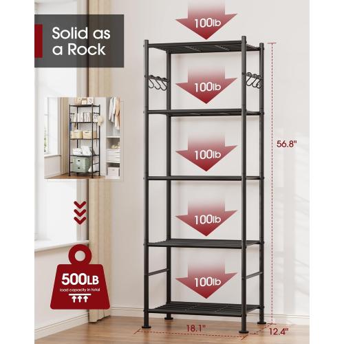 Sakugi Storage Shelves - 5-Tier Large Capacity Shelf Organizer with Hooks, Heavy-Duty Garage Shelving with Leveling Feet, Wobble-Free Rack for Bedroom, Balcony, Garage, Black