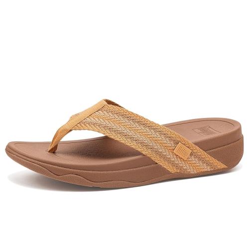 FitFlop Surfa Stripe-Webbing Toe-Post Sandals Women's Wedge Shoes Turmeric/Classic Tan Mix : 8 M (B), Synthetic