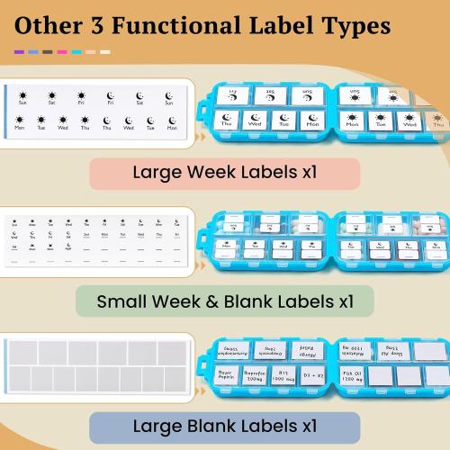 Travel Pill Organizer with Bulk Stickers & Labels - Small & Portable Week Daily Medicine Pharmacy for Pocket, Bag - 14-Compartment Foldable Supplement Box Holder for Fish Oil Vitamin - Blue