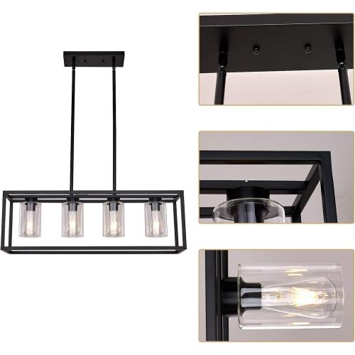 XILICON Black Dining Room Chandeliers Lighting Fixture Linear Pendant Modern 4-Light with Glass Shades Vintage Farmhouse Ceiling Light Hanging for Kitchen Island Cafe Bar