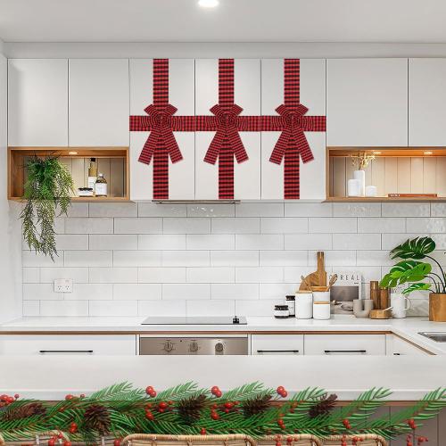 FOIMAS Christmas Cabinet Door Ribbon Bow 14inch Large Buffalo Plaid Door Ribbon Bows for Xmas Front Door Cabinet Home Decoration, Red and Black