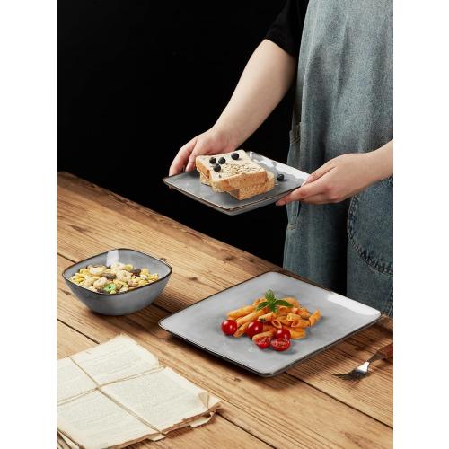 Famiware Dinnerware Sets for 8, Ocean Square 24-Piece Kitchen Plates and Bowls Sets, Microwave and Dishwasher Safe, Scratch Resistant, Grey