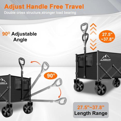 AMNOW 100L Collapsible Wagon Cart with All Terrain Wheels, 350LBS, Black | Rust-proof steel frame, 28×18×12in, only 13lbs, easy one-hand fold, garden camp beach trips