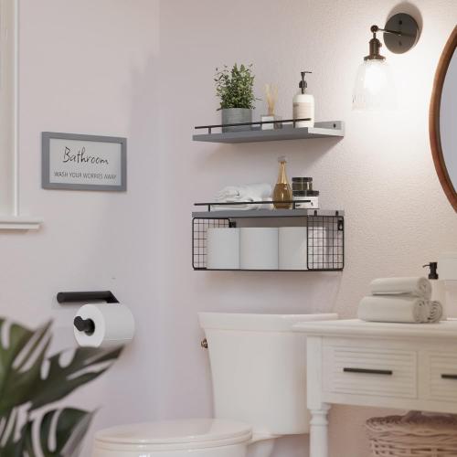 WOPITUES Floating Shelves for Wall Decor Sign, Bathroom Organizers and Storage, Bathroom Shelves Over Toilet with Metal Guardrail-Modern Grey