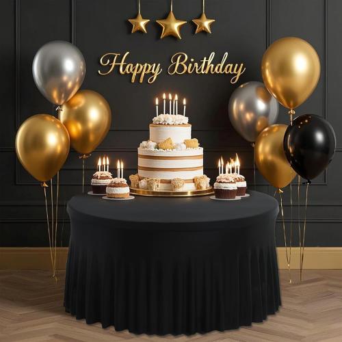 12 Pack 132inch Black Round Tablecloth, Circle Stretch Table Cloths for 6 FT Tables, Wrinkle Free Round Table Skirt for Wedding Birthday Photography Graduation Ceremonies Retirement Party Decorations