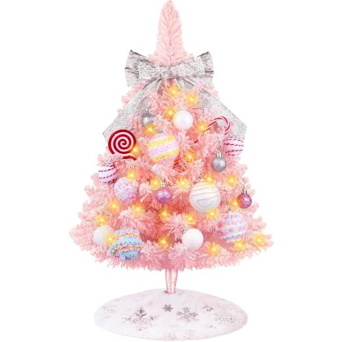 Mini Pink Christmas Tree with Lights, 2ft Artificial Small Table Top Christmas Tree with Bow, Ball Ornaments and White Tree Skirt, 24 Pcs DIY Xmas Decorations for Kids, Toddler Room