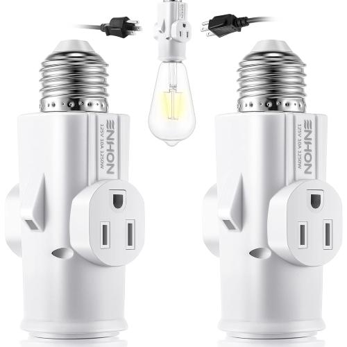 Enhon 2 Pack Light Socket Outlet Adapter, 2/3 Prong Light Socket to Plug Adapter, E26/E27 Heat Resistant Lamp Bulb to 2/3 Prong Plug Outlet Splitter Converter for Garage Porch Indoor Outdoor