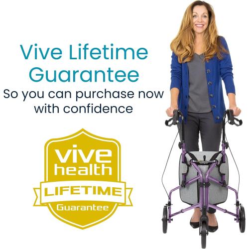 Vive Mobility 3 Wheel Walker - Three Wheeled Rollator for Seniors | Lightweight, Foldable, Narrow, Heavy Duty - for Elderly Men Women - Folding 3-Wheel Tri Scooter with Basket Bag