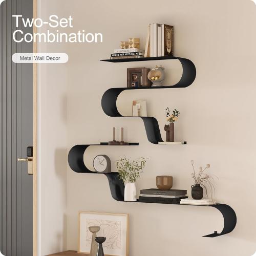 Black Floating Shelves Set of 3, Black Metal Decor, Unique Mounted Floating Shelf, Modern Long Wall Shelf, Large Wall Shelves for Bedroom, Bathroom, Living Room