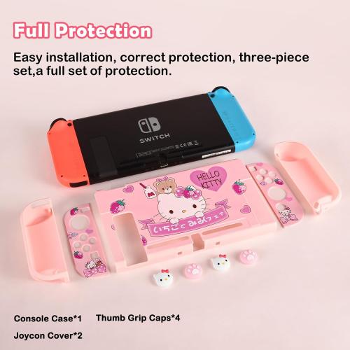 DLseego Lovely Kitty Switch Protective Case Dockable Hard Shell Anti Scratch Cover Pink Joy Con Skin with 3PCS Compatible with Regular Switch