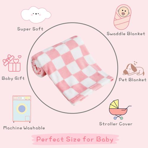Yurhap Checkered Baby Blanket for Girls Pink Fleece Baby Blankets for Girls Boys, Warmer Comfort Lightweight Bed Blanket for Toddlers Infants or Newborn, 30''x40'', Pink