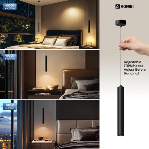 Color Black Black Natural Light Spectrum LED Pendant Lights with Height Adjustable, 3000K Minimalist Modern Cylinder 5W Mini Long Tube Hanging Lamp