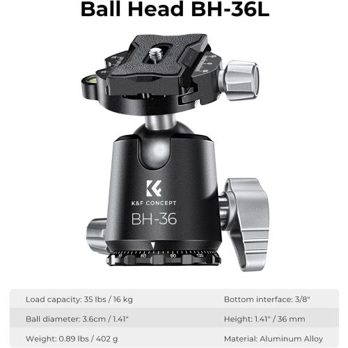 K&F CONCEPT X-Series 68 Carbon Fiber Camera Tripod,Professional Photography Tripod with 36mm Metal Ball Head Load Capacity 35.2lbs for Indoor Outdoor Use X284C4 BH-36