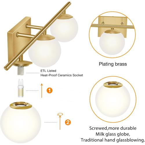 YHTlaeh New Bathroom Vanity Light 3 Lights Fixtures Brushed Brass Milk White Globe Glass Shade Modern Wall Bar Sconce Over Mirror (Exclude G9 Bulb)