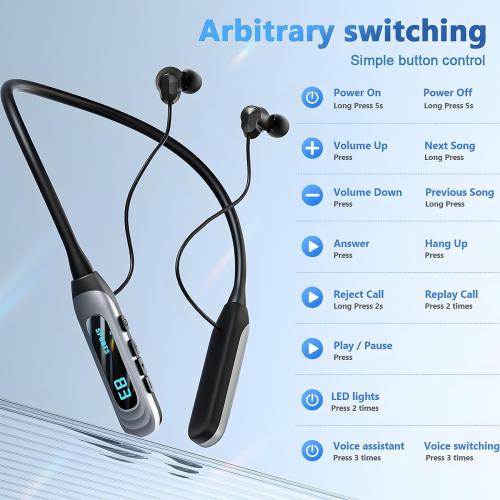 MZYML Neckband Bluetooth Headphones 5.4, IPX5 Waterproof Sports Earbuds with Mic, 80H Playtime 1000H Standby, LED Power Display, Magnetic in-Ear Headset for Running Workout Gym (Black)