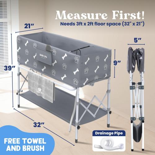 Dog Bath Tub - Free Brush & Towel – Foldable & Portable Dog Washing Station – Lightweight Elevated Design for Indoor & Outdoor Grooming