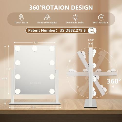 WHITE Hollywood Vanity Makeup Mirror with Lights - 9 LED Bulbs, Touch Control, 3 Colors Light, 360° Rotation, Light Up Vanity Mirror for Dressing Room & Bedroom