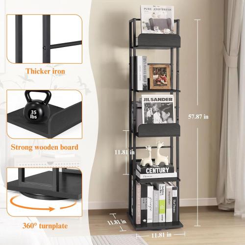 Bikoney Rotating Bookshelf, 360 Display Spinning Bookshelf Tower, 5-Tier Narrow Bookcase, Tall Industrial Book Shelf Organizer, Small Corner Book Shelves for Living Room, Black