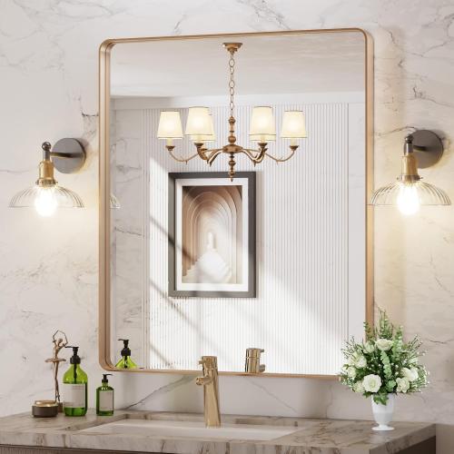 LOAAO 30”X36” Gold Bathroom Mirror, Rounded Rectangle Gold Frame Mirror, Brushed Gold Bathroom Vanity Mirror Wall-Mounted, Anti-Rust, Tempered Glass, Hangs Horizontally or Vertically