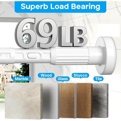 Tension Curtain Rod，40-66IN(3.33-5.5Ft) One-Click Fast Extension Rod Easy to Install White Long Outdoor Curtain Rods No Drilling Never Rust for Window or Shower Patio Diameter 1.26 Inches