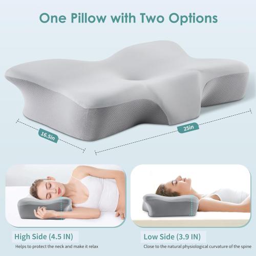 BESYODO Cervical Neck Pillow, Ergonomic Memory Foam Cervical Pillows, Contour Side Sleeper Pillows for Adults, Orthopedic Neck Support Pillow for Back Stomach Sleeper with Removable Pillowcase (Light Grey)