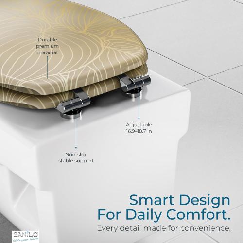 SANILO Wooden Toilet Seat with Soft Close [ELONGATED] - Decorative, Quiet & Slow Close Molded Wood Seat - With Strong Bumpers & Hinges - Adjustable Fit - Hosta