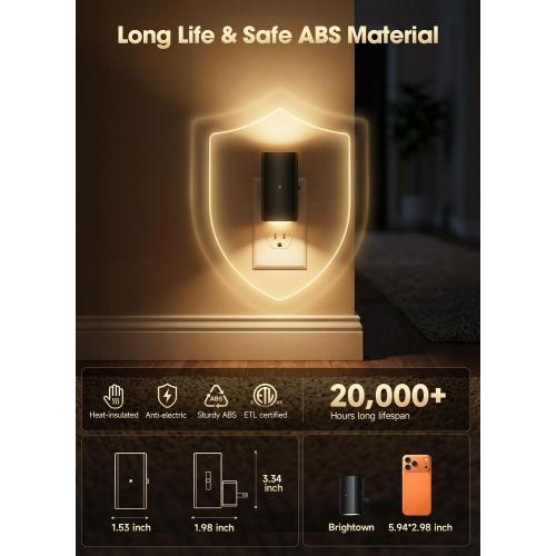 Brightown 2 Pack Black Night Lights with Rotating Plug, Soft White | Modern Night Light with Rotating Plug, Dusk to Dawn Sensor, 0-100LM Stepless Dimming Night Light for Hallway Bedroom Bathroom