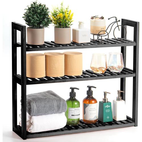 Wood Bathroom Shelf, 3-Tier Adjustable Shoes Rack&Plants Rack, Wall-Mounted or Stand for Living Room (Black)