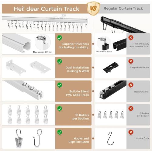 Ceiling Curtain Track White 12-15 ft Heavy Duty Ceiling/Wall Mount Rail | Includes 50 quiet-glide rollers, 50 hooks and 50 clips. Supports up to 50 lbs for room dividers, bathrooms and hospitals