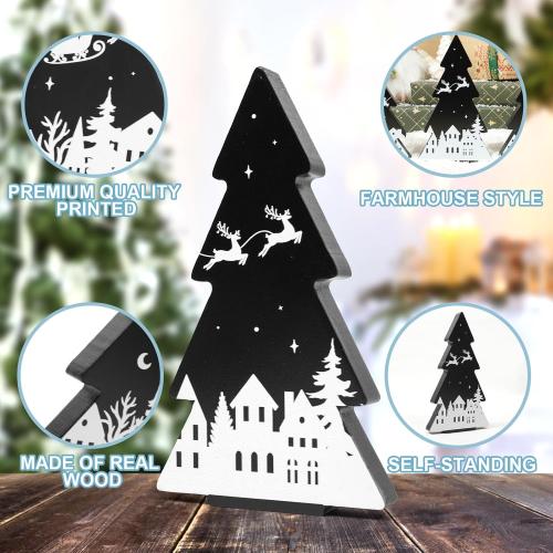 3 Pieces Christmas Tree Wooden Signs Black White Xmas Tiered Tray Decor for Christmas Home Tabletop Party Decor (Black)