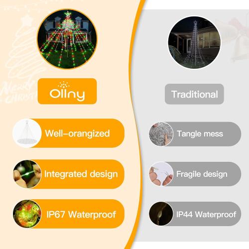 Ollny Christmas Lights Tree Red&Green 340LED with Topper Star, IP67 Waterproof Remote Control Waterfall Lights with Pole, 16 Lighting Modes Timer Dimmable Light Decorations Outdoor Yard Garden Lawn