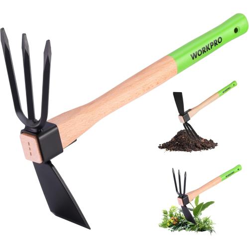 Green 14 WORKPRO Hoe and Cultivator Garden Rake with 14 Wooden Handle, Sharp Hoe Blade & Sturdy 3 Claw Tiller, 2-in-1 Heavy Duty Gardening Hand Tools for Digging, Loosening Soil, Weeding, Cultivating