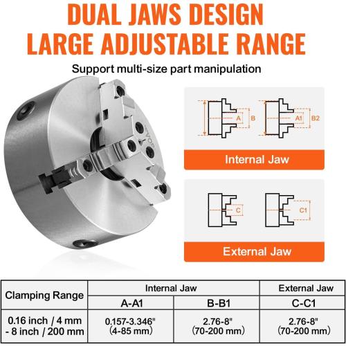 VEVOR 3-Jaw Lathe Chuck, 8'', Self-Centering Lathe Chuck, 0.16-8 in/4-200 mm Clamping Range with T-key Fixing Screws Hexagon Wrench, for Lathe 3D Printer Machining Center Milling Drilling Machine