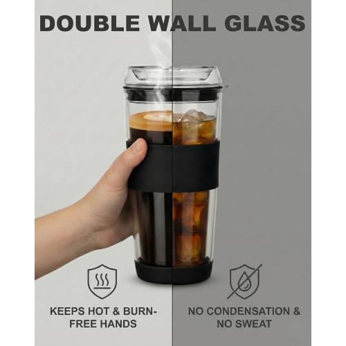 14oz Double Walled Glass Coffee Tumbler with Full Glass Lid & Silicone Sleeve - Non-Slip Insulated Travel Mug with Protective Bottom Bumper - 100% Plastic-Free