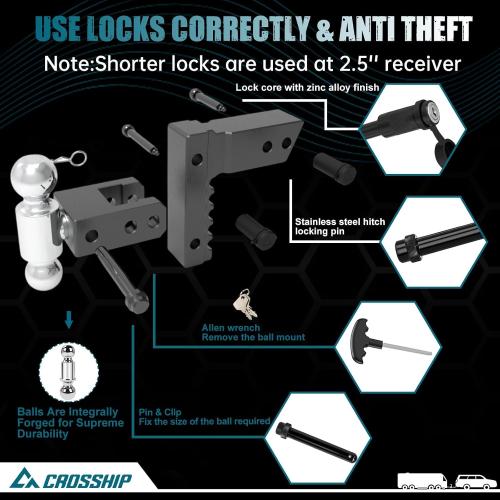 Adjustable Trailer Hitch - Heavy Duty Aluminum Drop Drawbar Hitch - Fits 2.5 Receiver, 6 Drop/Rise, for Truck, SUV, RV(18500 LBS GTW)