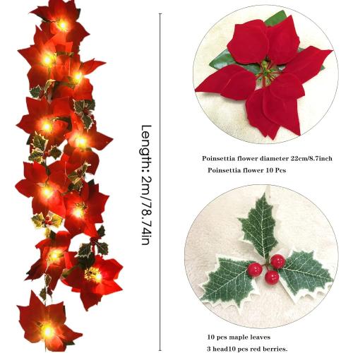 Poinsettia Christmas Flowers Decorations Garland String Lights 6.56FT 10LED Xmas Tree Artificial Ornaments with Red Berries Holly Leaves