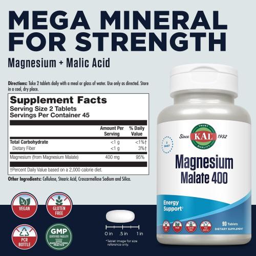 90 Tablets of KAL Magnesium Malate 400mg, Chelated Magnesium Supplement with Malic Acid, Healthy Energy & Muscle Function Support, Enhanced Absorption, Vegan, Non-GMO, 45 Servings, 90 Veg Tabs