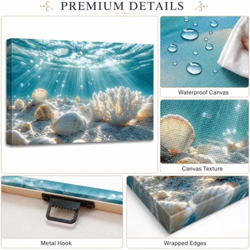 libitea Framed Coastal Canvas Wall Art - Coastal Ocean Relaxation Wall Decor Underwater Sunbeam Seashell Poster Printing Artwork for Bathroom Bedroom Living Room