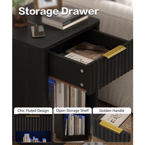 Akxomel Fluted Nightstands Set of 2, Wooden Night Stand with Charging Station and LED Light, Modern Mid Century End Table with Drawer, 15 D x 15.7 W x 22.6 H, for Bedroom, Black